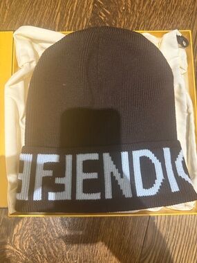 Fendi Black Beanie with Light Blue Logo Cuff - women/mens hat